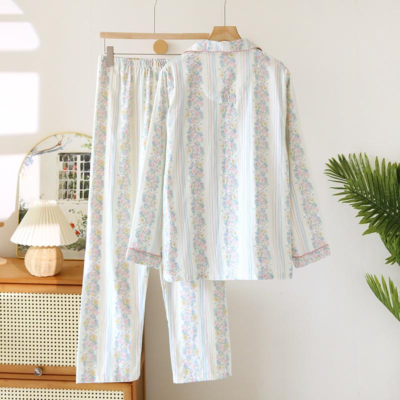 Autumn/Winter Pajama Set Women's Long Sleeve Trousers 100% Cotton Flower Print 2 Piece Set Women's Pajamas Soft Homewear