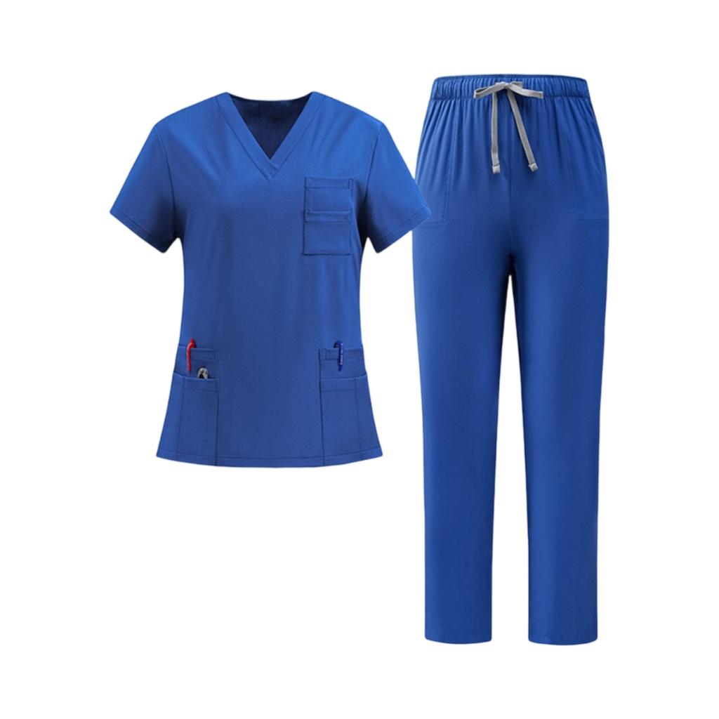 Women Nurse Scrub Set Quick Dry Fabric V Neck Short Sleeve Top with Pockets and Elastic Waist Drawstring Pants Medical Uniform