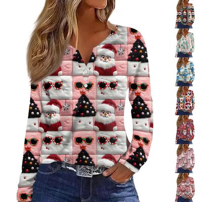 Women's Fashion Casual V-Neck Button-Up Long-Sleeve T-Shirt With Christmas Print Top