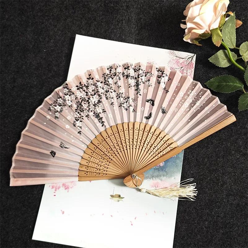 Top Quality 1Pc Vintag Silk Folding Fan Retro Chinese Japanese Bamboo Folding Fan Tassel Dance Hand Fan Home Decoration Ornament