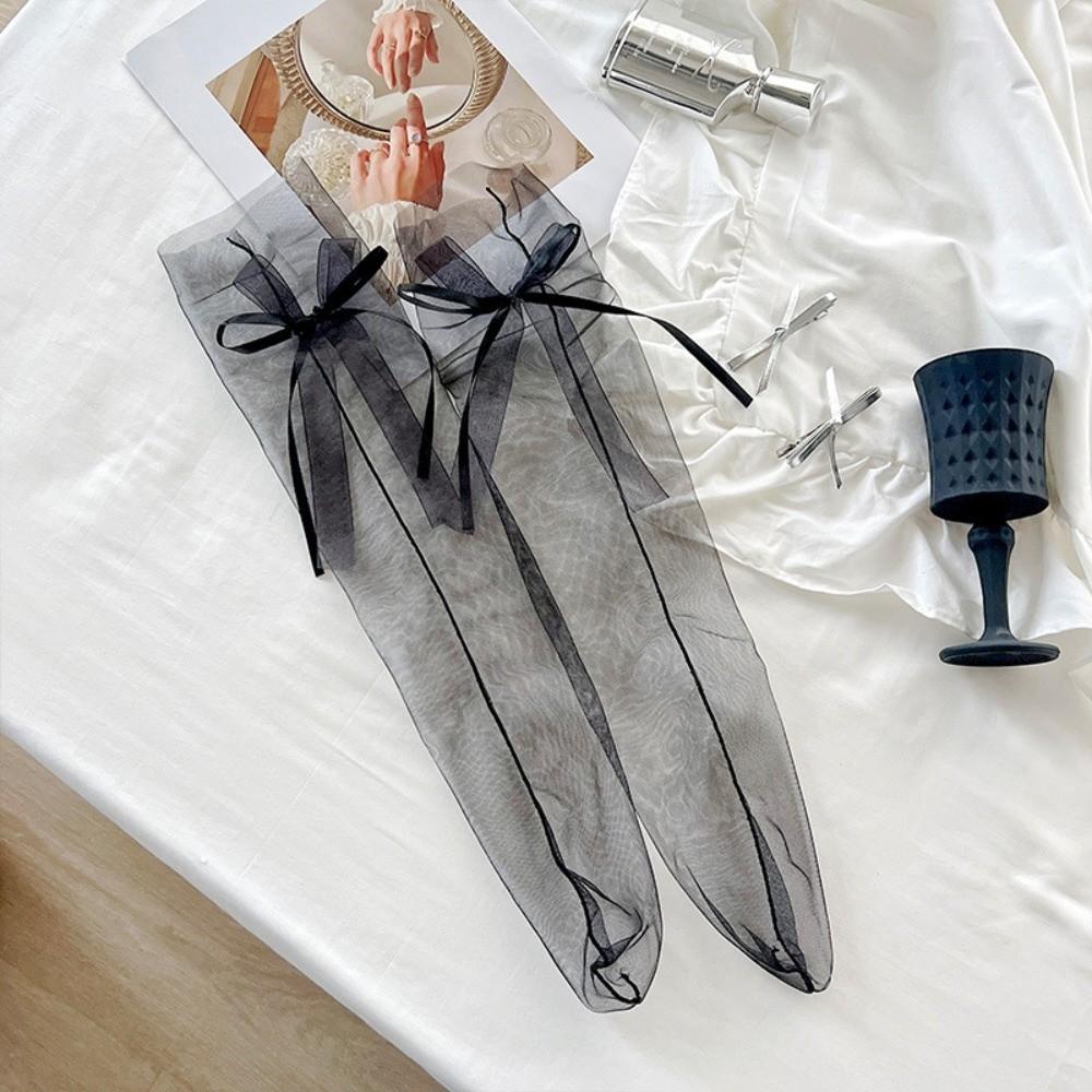 Breathable Mesh Bow Transparent Mesh Socks Ultra-Thin Eyelash Lace Mesh Lace Socks Lolita Style Fishnet Socks Women Summer Wear One Size