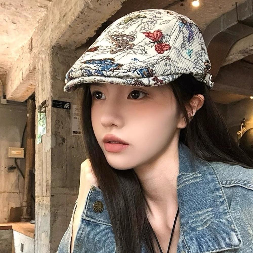 Ethnic Style Retro Newsboy Cap Reversible Design Butterfly Embroidered Beret  Spring Summer