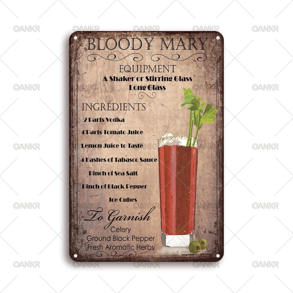 Vintage Art Cocktail Poster Metal Tin Sign Bloody Mary Recipe Art Poster Metal Signs for Home Pub Bar Wall Decor Plaque 20x30cm(7.8x11.8inch)