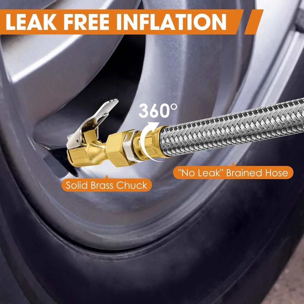 Digital Tire Pressure Gauge With Inflator, 250 PSI Heavy Duty Air Chuck Air Compressor Attachments, Improved Leaks Protection & Stainless Braided