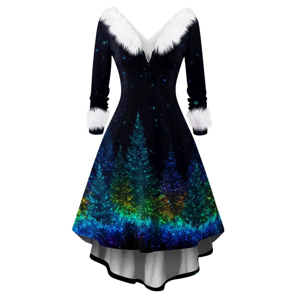 Dámské módní ležérní přiléhavé šaty s vánočním potiskem na párty s dlouhým rukávem