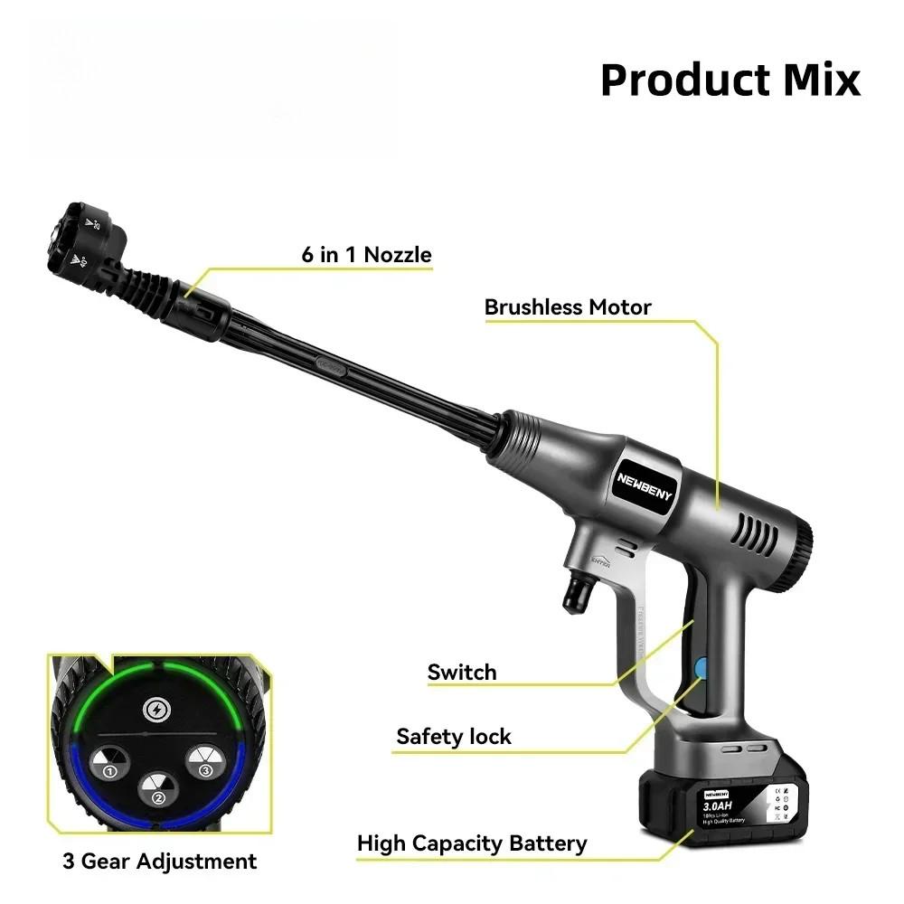 200Bar Cordless Car Cleaning Machine 3 Gear Adjustable Garden Irrigation Power Tool Brushless Electric High Pressure Washer