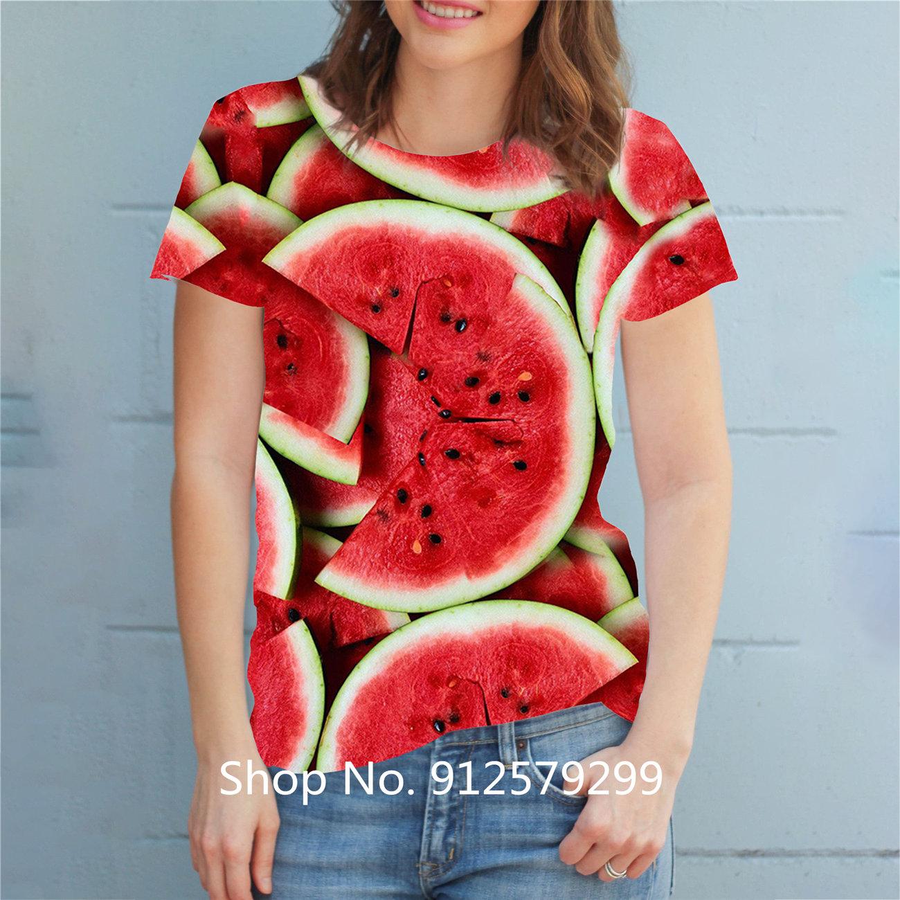 

2025 Женская модная футболка Повседневная футболка с коротким рукавом и принтом арбуза с круглым вырезом 5XL