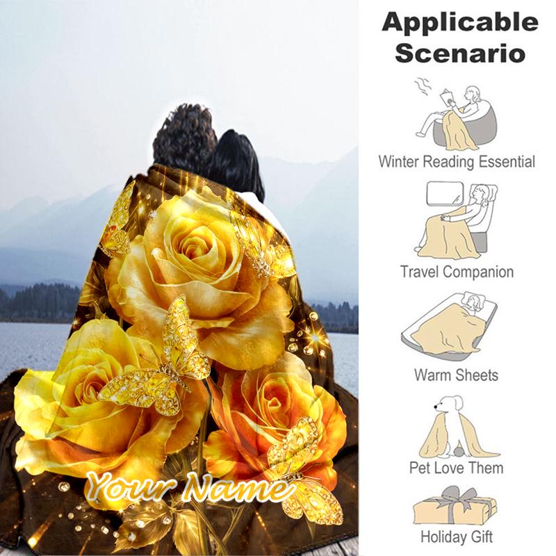 1PC Custom Name Golden Roses Butterflies flannel blanket versatile, all-season throw suitable for the living room, bedroom, camping, travel, and gift