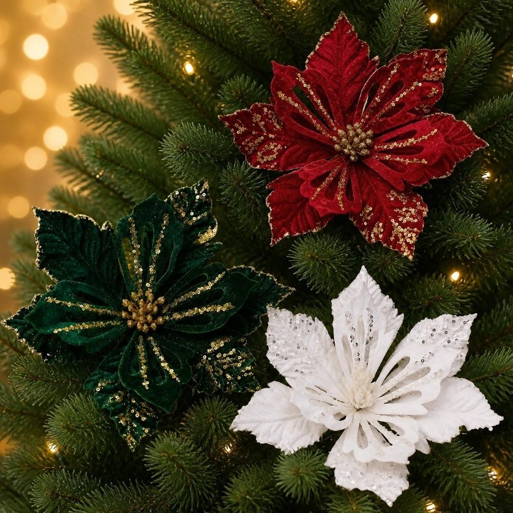 Realistic Velvet Artificial Poinsettia Handmade Holiday Xmas Flower Decor  Home Decor