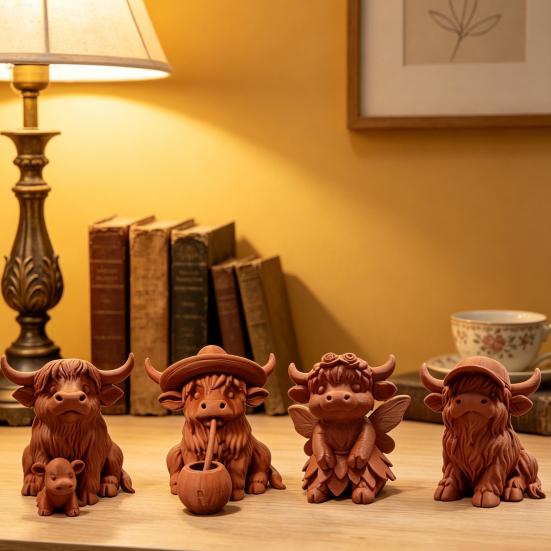 Rustic Highland Cow Ornament, Terracotta Color 3D Printed Cow Statue, Cute Highland Cow Figurine for Home Desk Shelf Farmhouse Decor
