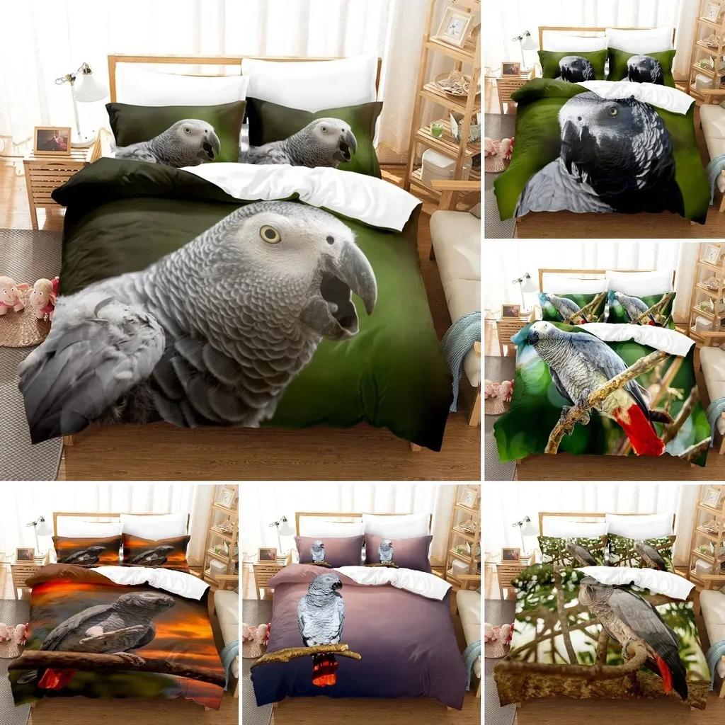 Parrot Lovely Gray Parrot Themed Comfortable Duvet Quilt Cover Pillowcase Bedding Set Children Bedroom Decoration Home Textile