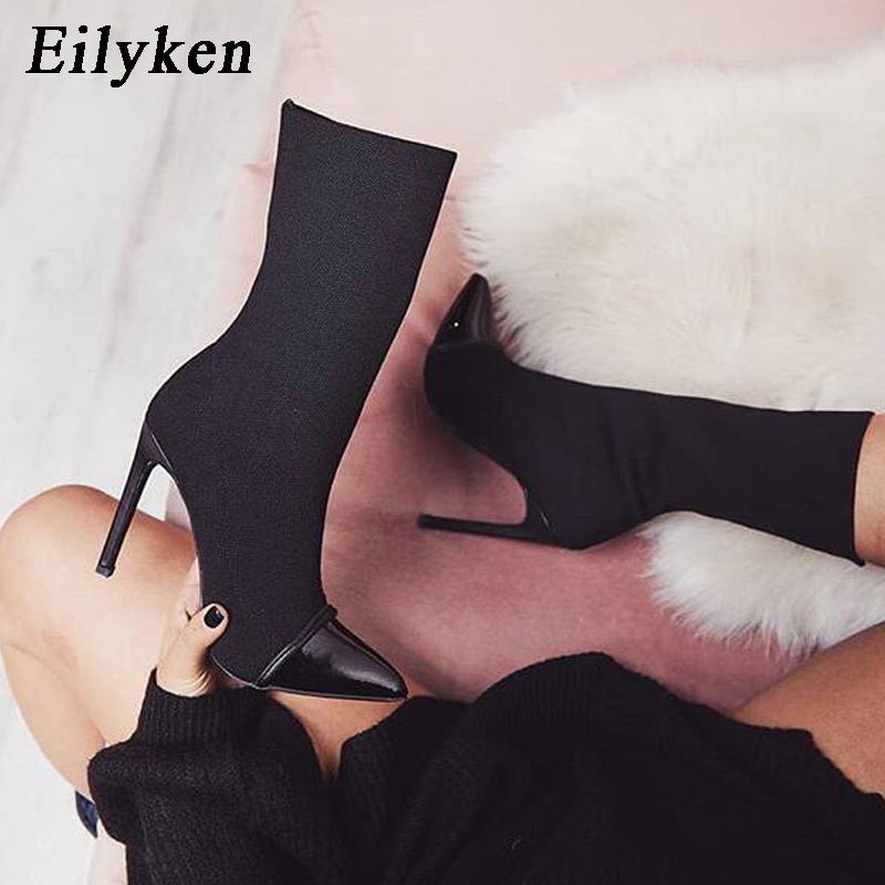 Fashion Eilyken Spring Autumn Stretch Fabric Short Ankle Boots Women Pointed Toe High Heels Slip On Sexy Sock Zapatillas Mujer