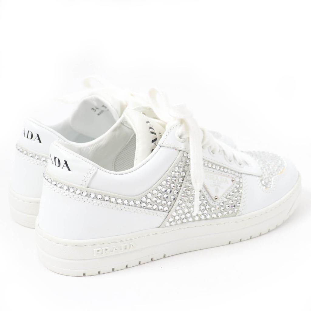 Excellent PRADA Sneakers Triangle Logo with Crystal White Leather Women 35.5  Used
