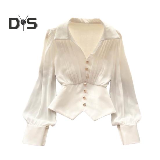 Women French Style Shirt Lapel V Neck Puff Long Sleeve Shirt Buttons Decor Irregular Hem Solid Color Tops