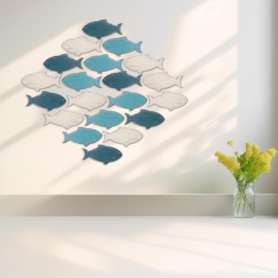 Yousheng 20Pcs/Set Wooden Fish Wall Decoration School of Fish Beach Lake House Bathroom Wall Art Nautical Coastal Ocean Theme Hanging Ornament