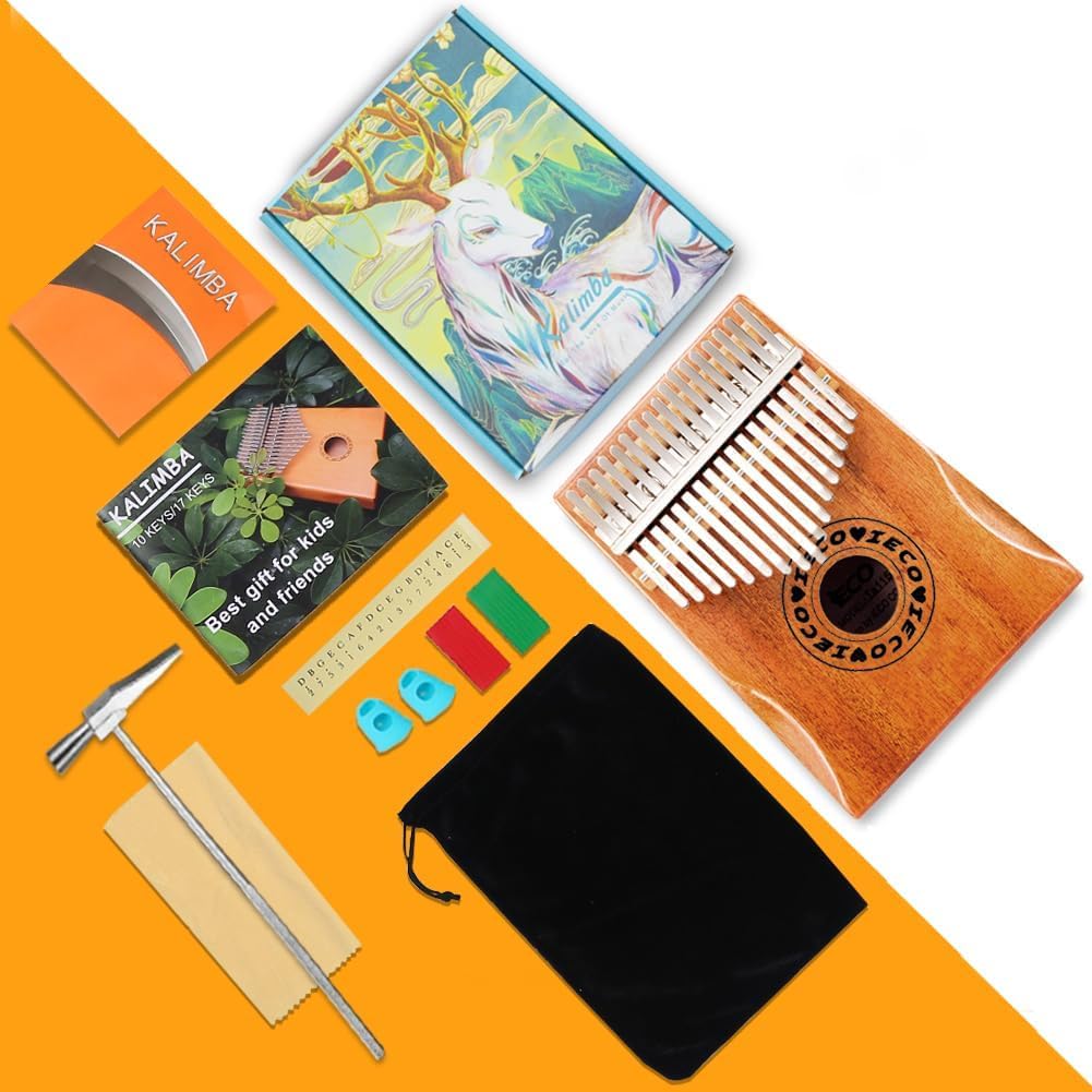 Portable Kalimba Beginner Set, 17-Key Finger Piano, Mbria Songbook and Tuning Hammer Included, Suitable for Adults and Children