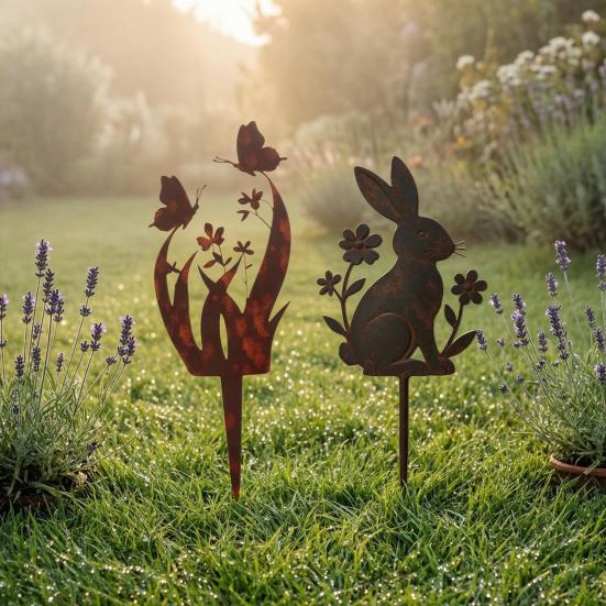 Ground Stake with Butterfly or Rabbit Design Garden Decorations Stake Rust-Resistant Iron Yard Artware for Lawn Patio