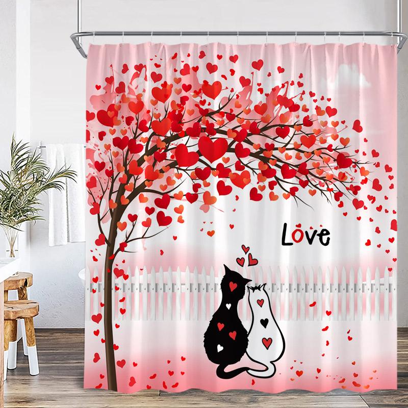 Valentine'S Day Shower Curtain Red Heart Rose Flowers Bicycle Petals Lovers Gift Fabric Home Bathroom Curtains Decor With Hooks