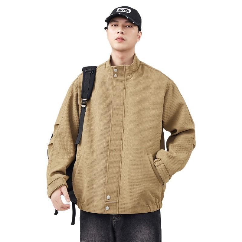 Solid Color Stand-Up Collar Jacket Men'S Season Loose Large Size Plaid Trendy Brand Versatile Jacket Trendy Casual Jacket