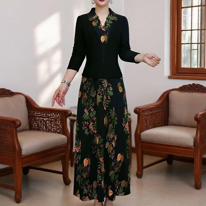 Elegant Chinese Style Long Sleeve Two-Piece Skirt Dress - Slimming & Age-Reducing