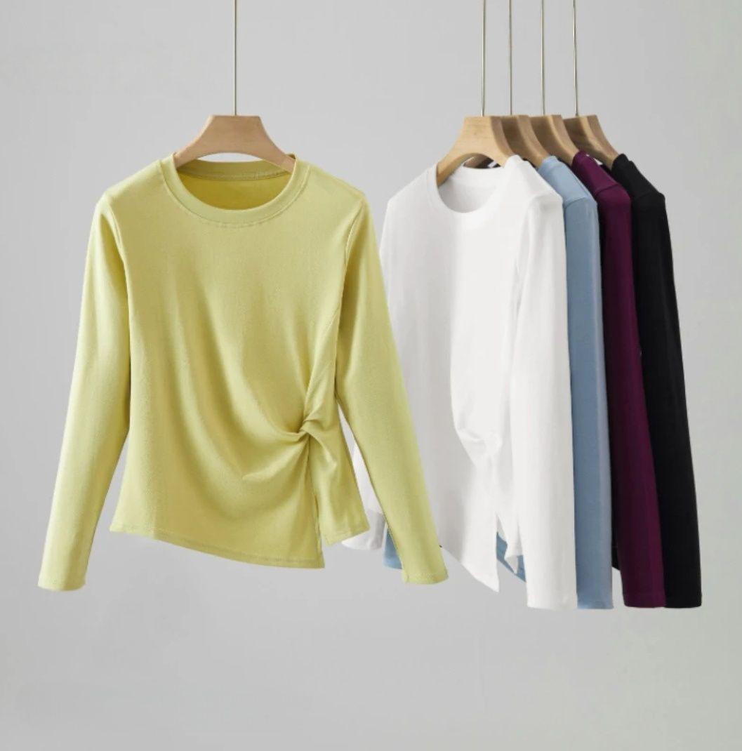 

Женская футболка из 92% хлопка с плиссировкой, круглым вырезом и длинным рукавом, приталенного силуэта - Осенний универсальный дизайн 3XL