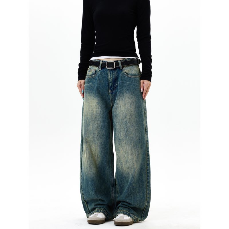 Kisko American-Style Washed Cleanfit Drape Straight-Leg Jeans Unisex Trendy Brand Loose Straight-Leg Versatile Pants