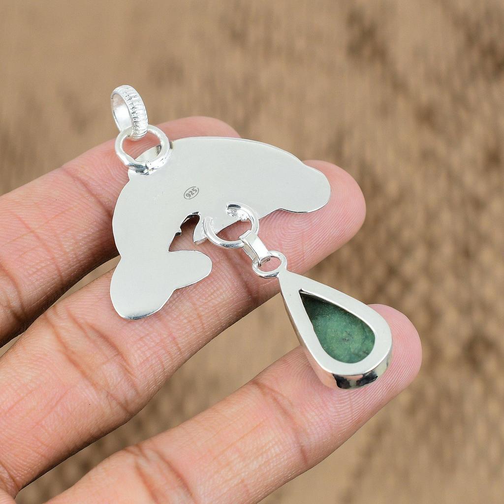 Anniversary Gift For Her Natural Chrysoprase Gemstone Pendant Fish 925 Silver