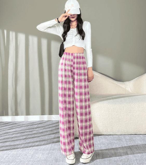 Women's Plaid Wide Leg Pants Mid-rise Straight Drapey Breathable Summer Preppy Long Trousers