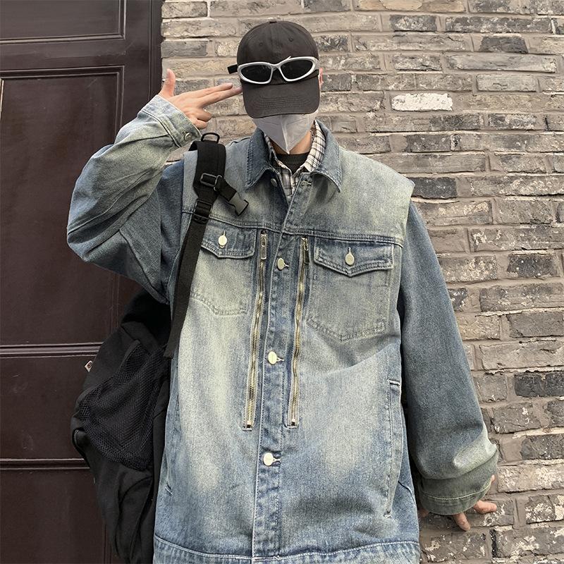 Spring and Autumn American Washed Denim Men's Jacket Retro Design Niche Couple Men's Lapel Jacket