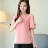Short Sleeve Summer Tops Fashion Women Blouse Shirt Bow Sweet Top Women's Clothing Pink Apricot O-neck Chiffon Blouses