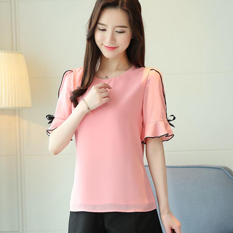 Short Sleeve Summer Tops Fashion Women Blouse Shirt Bow Sweet Top Women's Clothing Pink Apricot O-neck Chiffon Blouses
