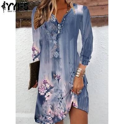 Women's Fashion Summer Spring Flower Pattern Print Long Sleeve V-Neck Loose Waistline Casual Dresses