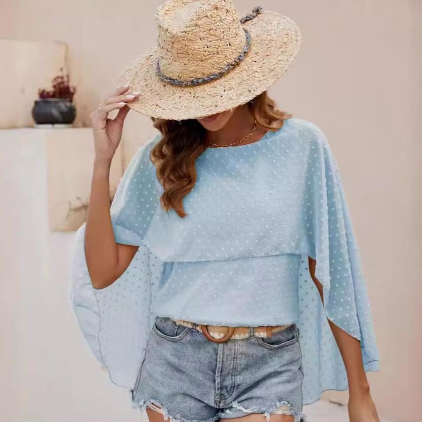 Polka Dot Cape Sleeve Top Women’s Chiffon Shirts
