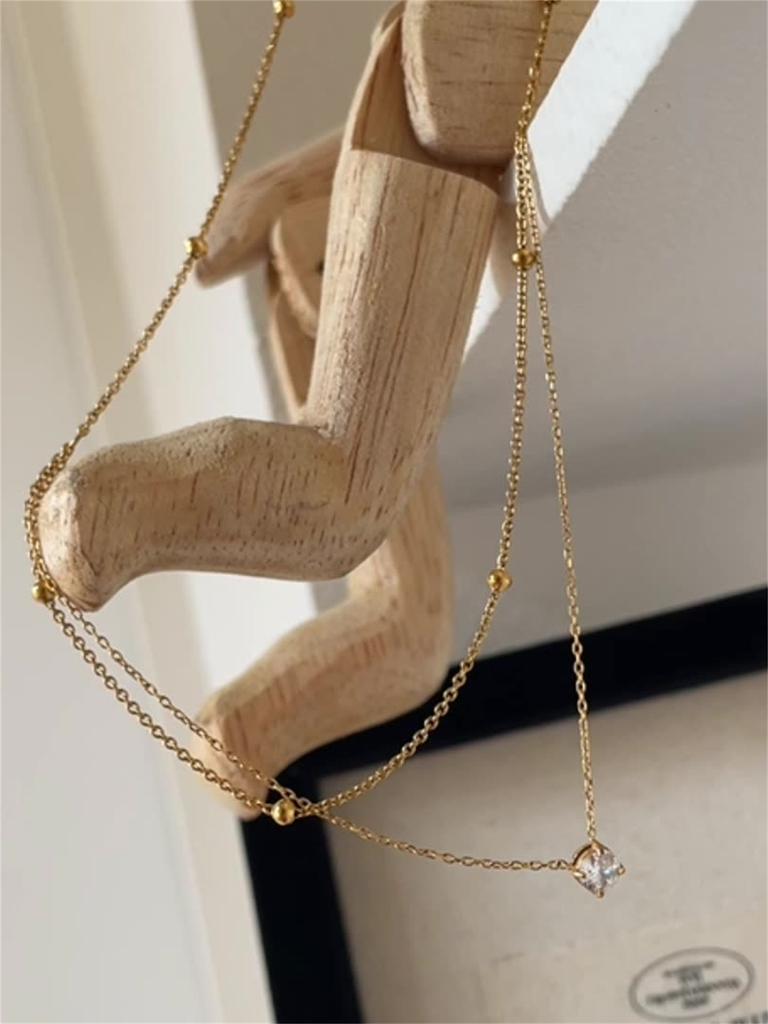 1 Pc Stainless Steel Plated 18K Exquisite Gold Bead Single Diamond Small Double-Layer Necklace