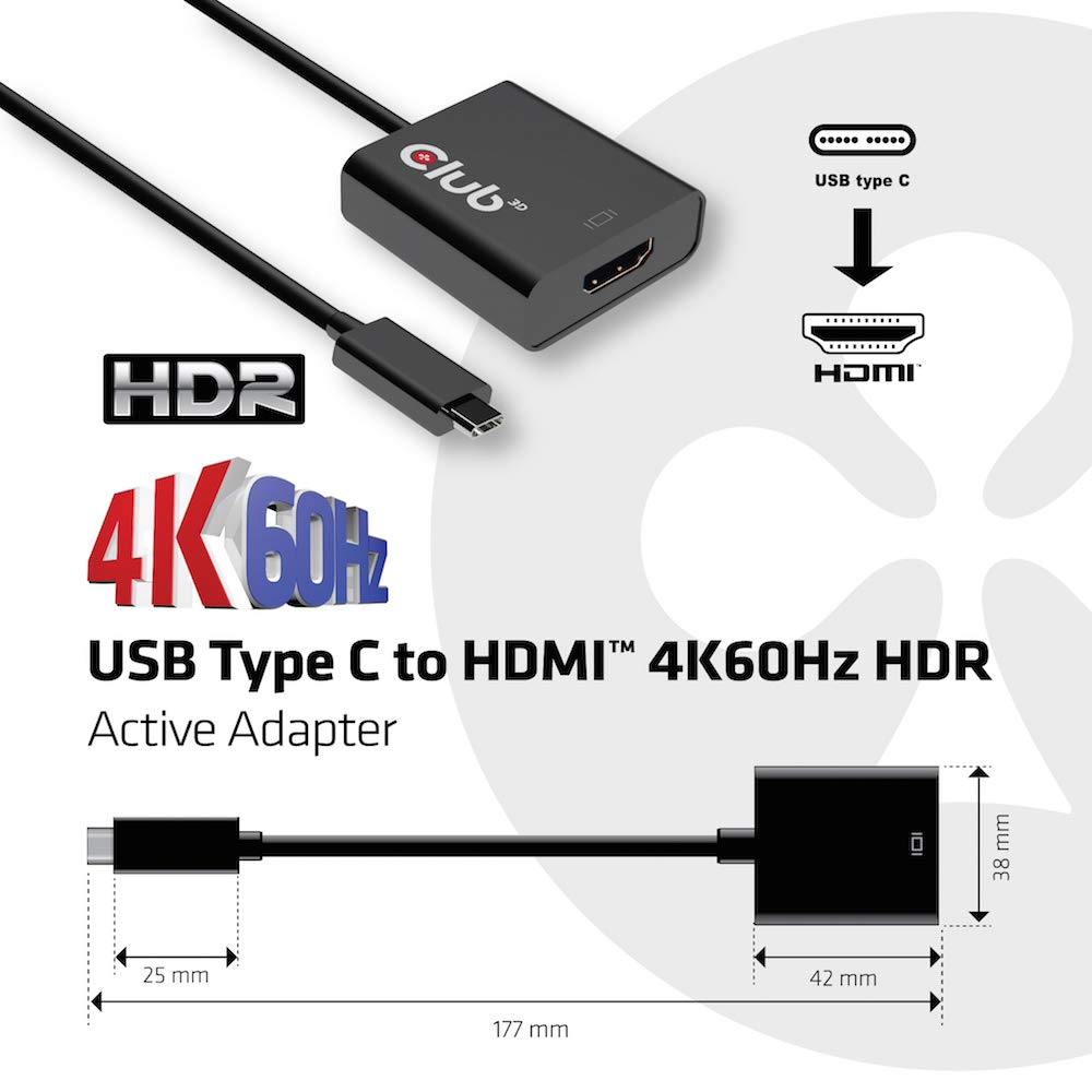 Club3D USB 3.1 Type C to HDMI 2.0b HDR (High Dynamic Range) 4K 60Hz Active Adapter (CAC-2504)