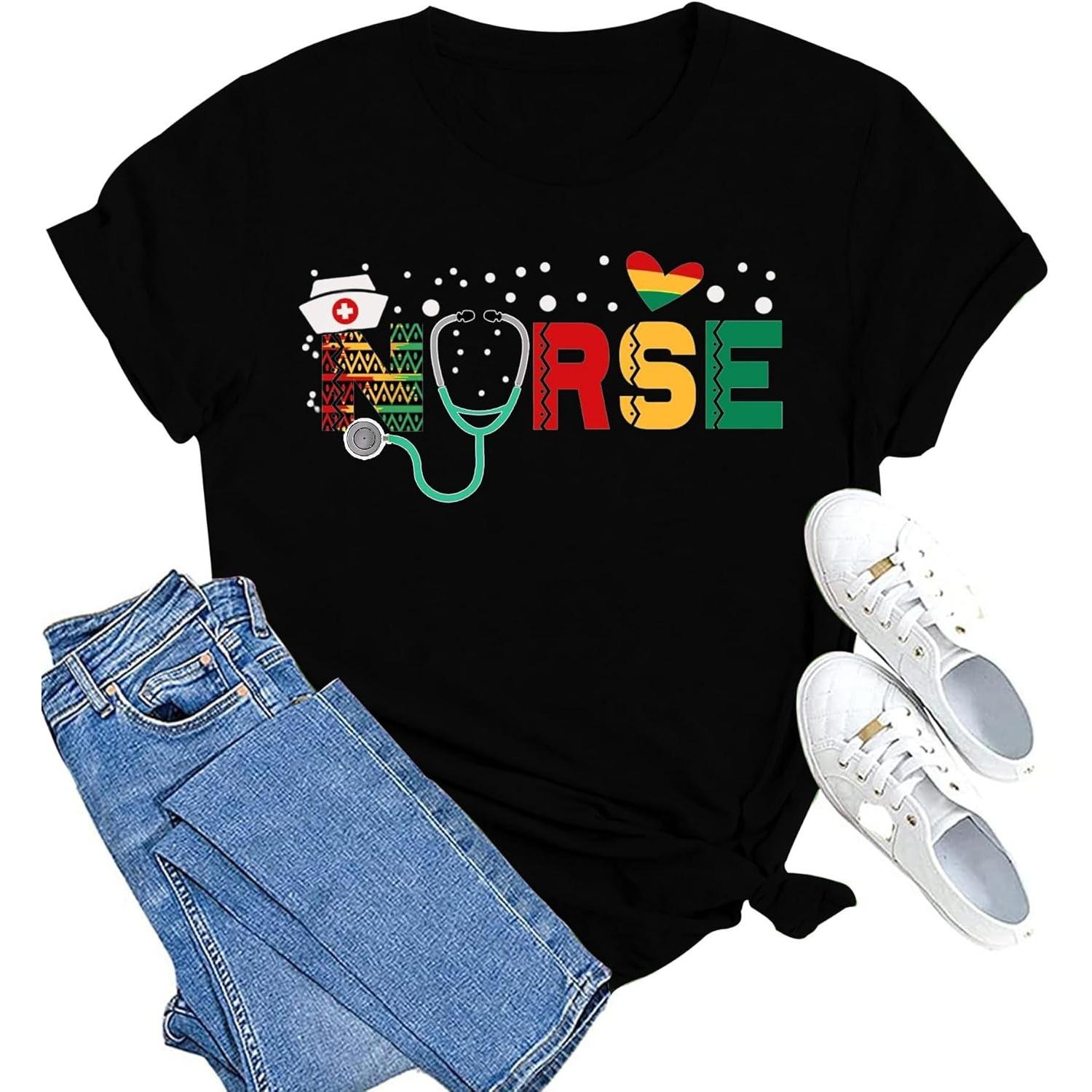 

MAIHUN Women Nurse Life Shirt Nurse Letter Print Tee Tops Nurse Day Gifts Shirts Inspirational Short Sleeve XXXXXL чорний