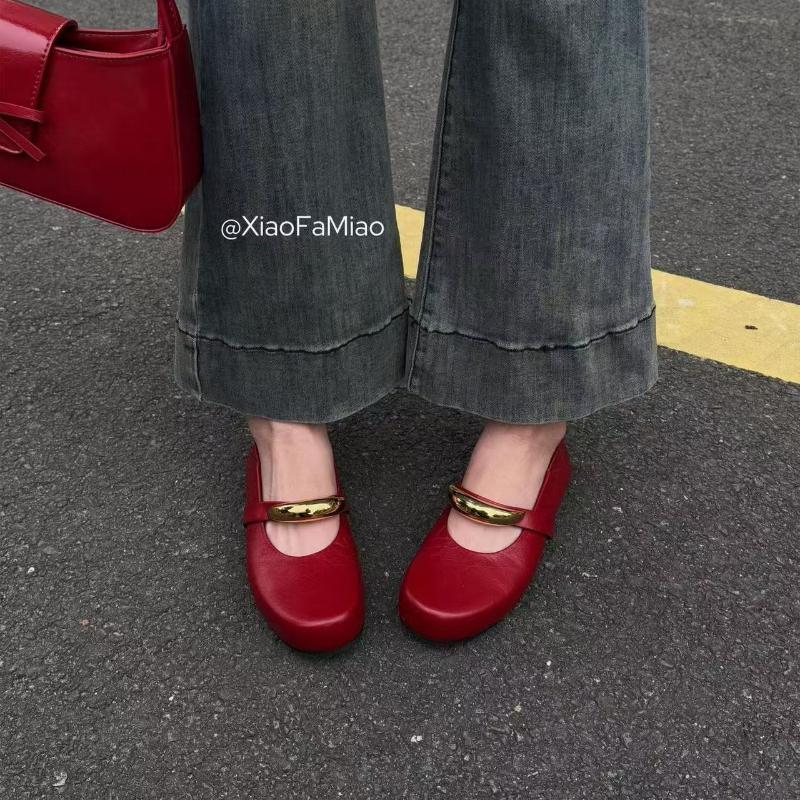 Fashion Mary Jane Shoes Women's 2025 New Round Toe Fashion Single Shoes for Women's Spring Genuine Leather Metal Decorative Flat Shoes