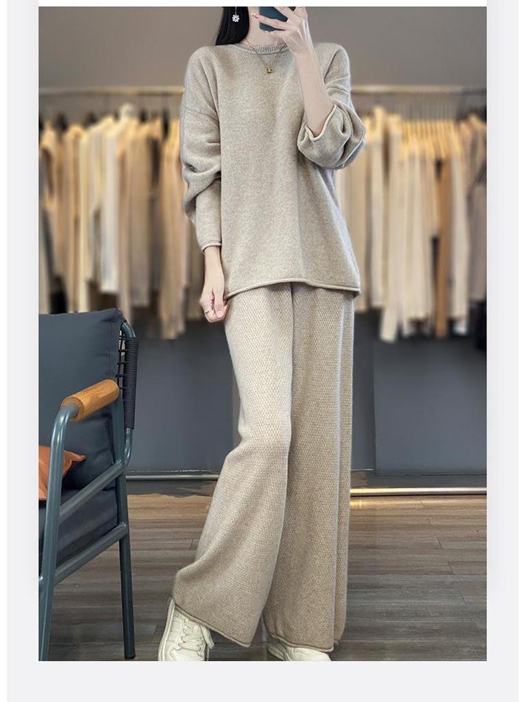 Damen 100% Wolle Strick Zweiteiler: Rundhals-Cardigan & Weitbeinige Hose