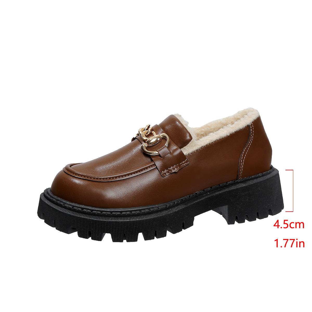 

Large size loafers, women s velvet thermal cotton shoes, thick-soled versatile one-pedal black British small leather shoes, velvet and thicker 43