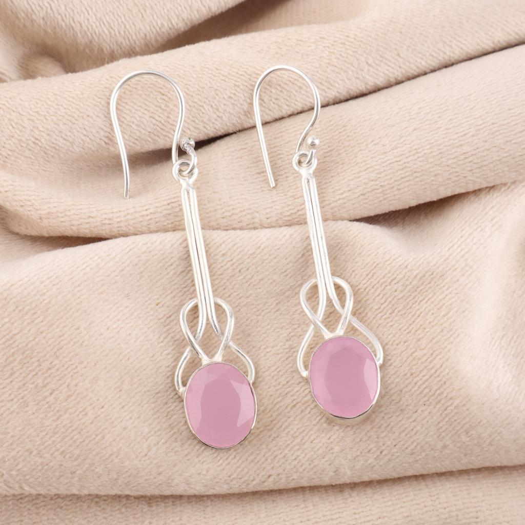 Rose Chalcedony Gemstone 925 Sterling Silver Jewelry Handmade Earrings 1.76" EE-171-18
