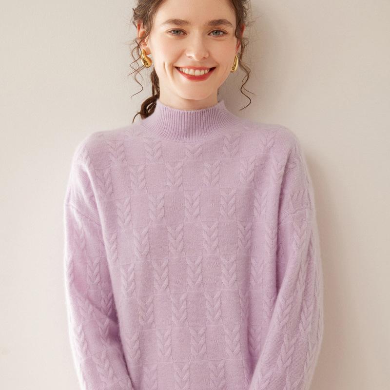 2024 Autumn/Winter Cashmere Sweater: Ladies' Half-High Neck, Wheat Ear Jacquard, Korean-Style Loose Slimming Knitwear