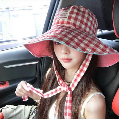 Korean Style Plaid Strap Fisherman Hat for Women In Summer Large Brim Showing Face Small Sun Protection Sun Hat Big Head Double Basin Hat No