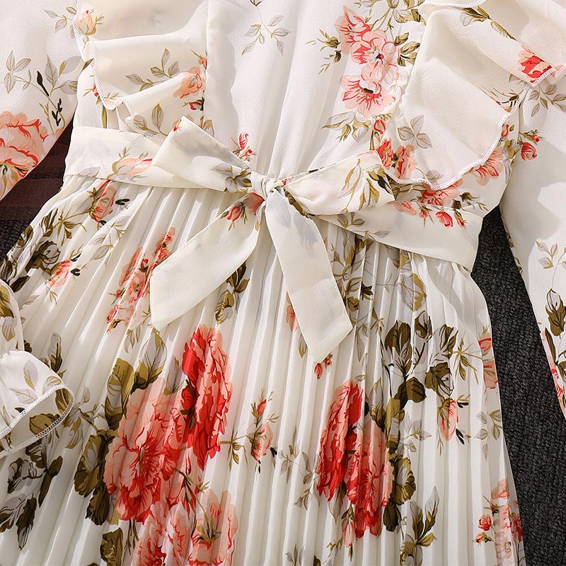 Girl Long Dress Autumn Sweet Floral Long Sleeve Waist-Cinching Slimming Long Dresses For Children