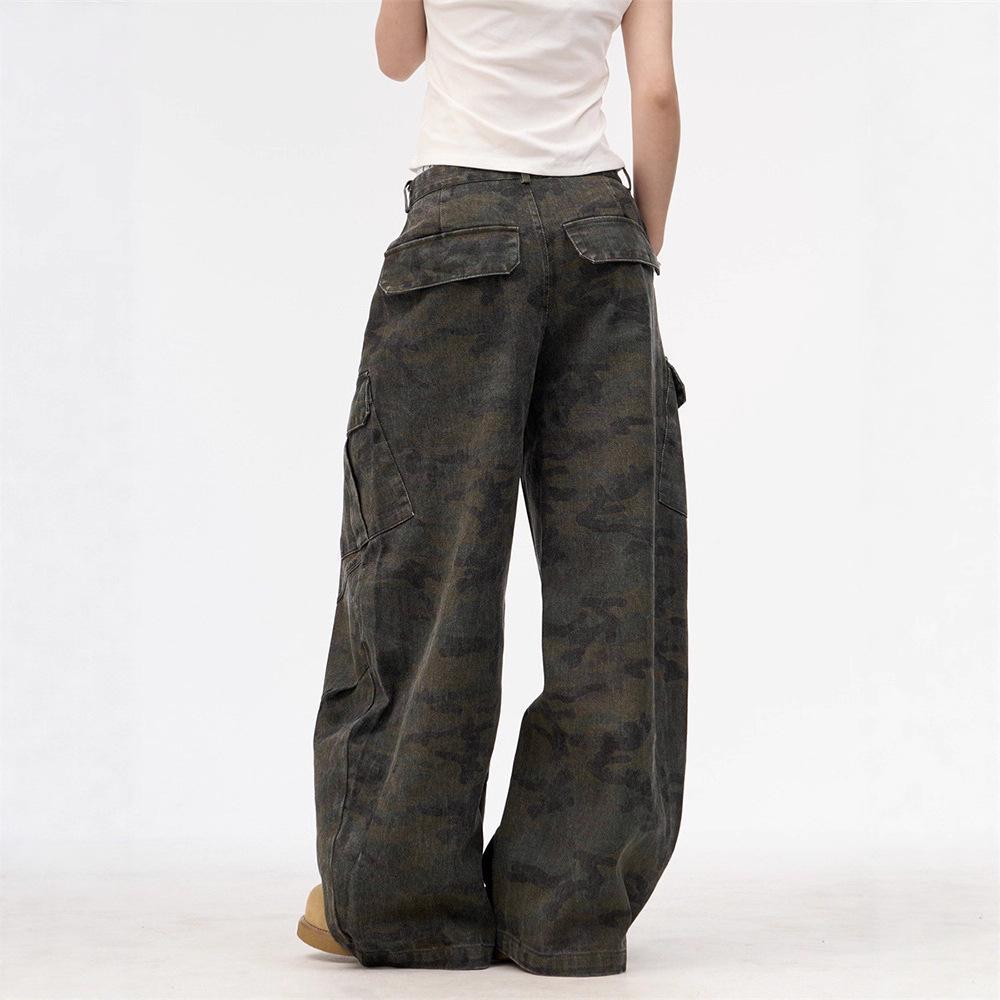 Unisex Retro Camouflage Scimitar Jeans with Multi-Pocket Design - Perfect for Spring and Autumn Casual Wear.