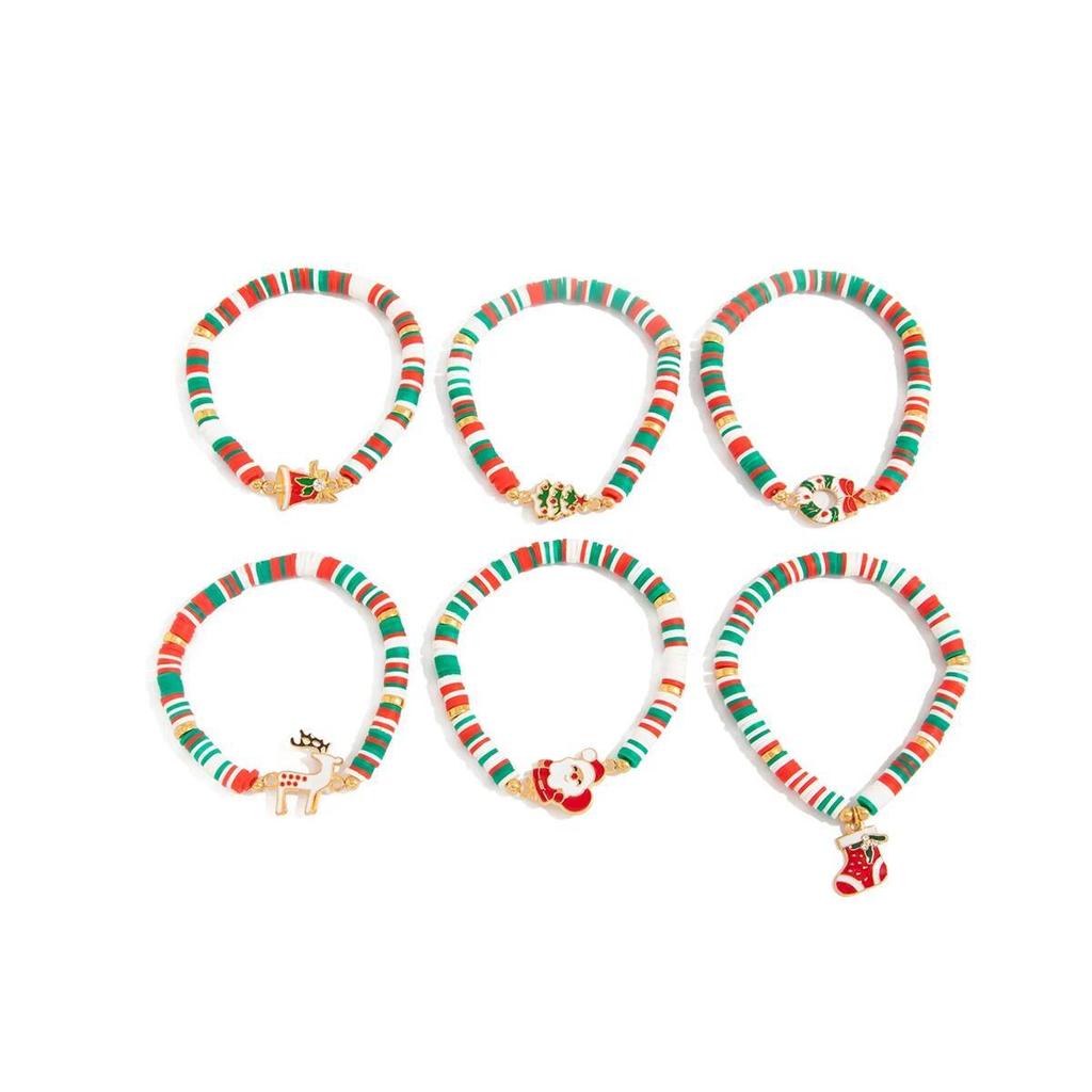 SHIXIN 6Pcs/Set Cute Santa Claus Christmas Tree Socks Elk Charm Bracelet Women Polymer Clay Beaded Bracelets New Year Jewelry