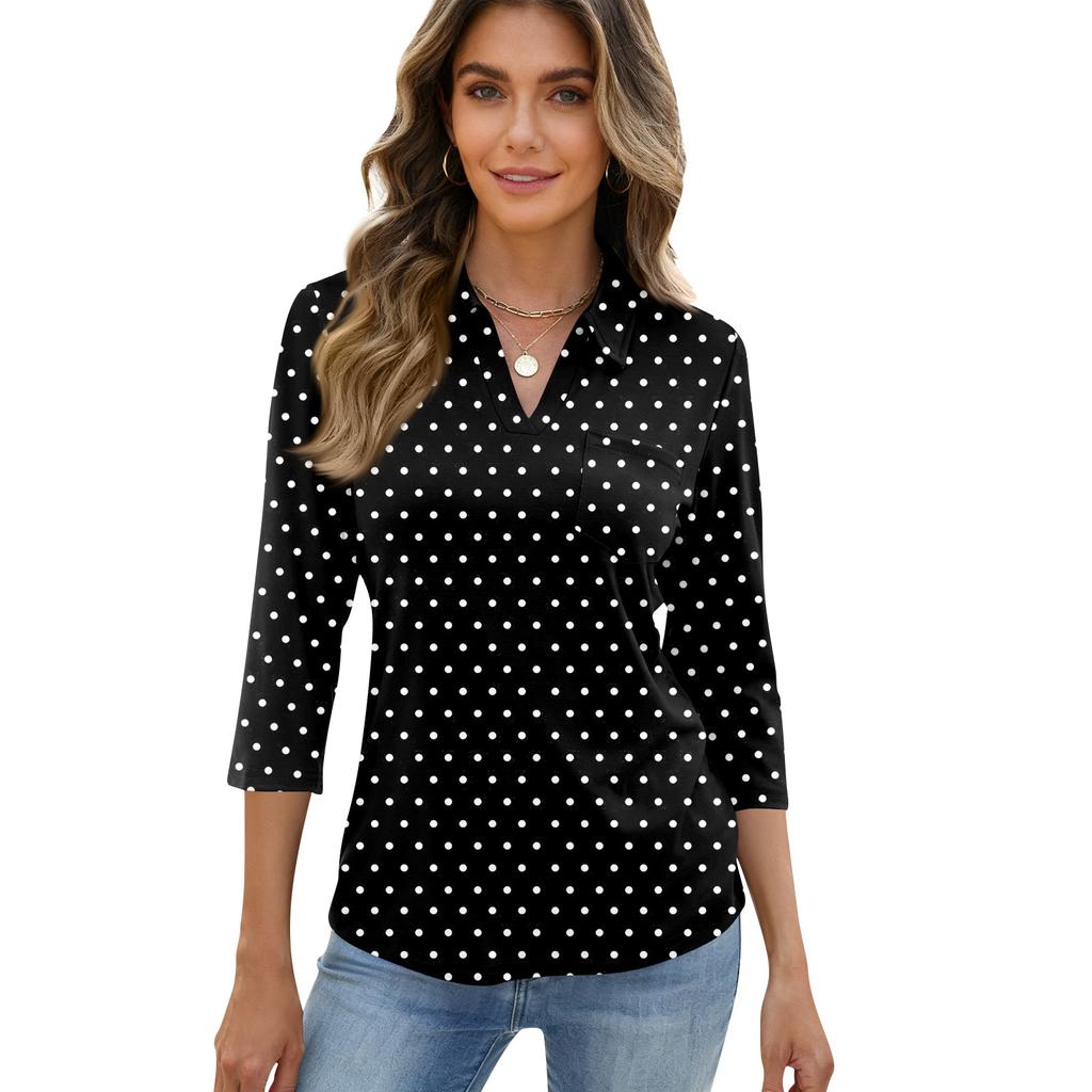 Women's Fashion Casual Lapel Short 3/4 Sleeve Print Shirt Women's Up Tops