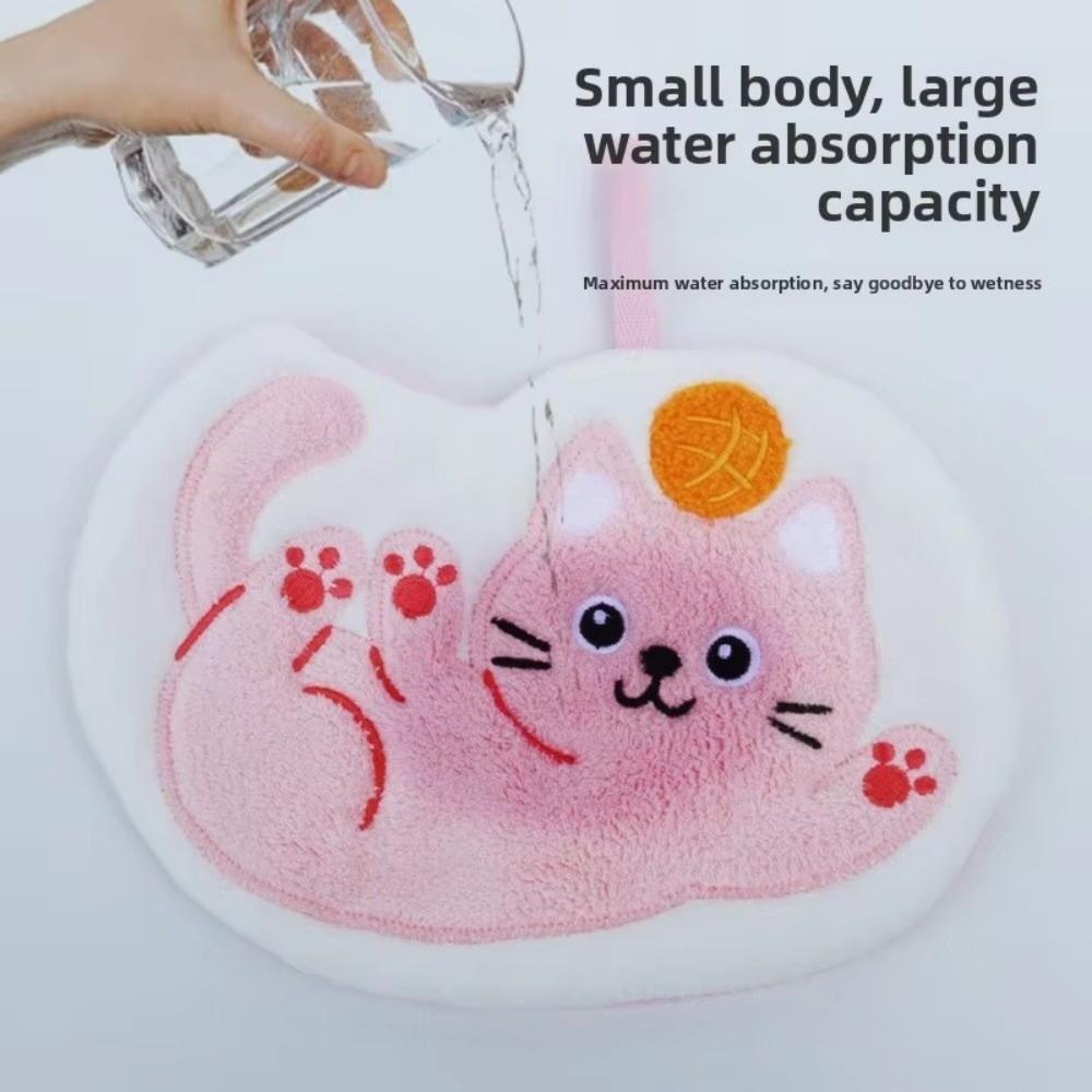 Cute Cat Hanging Hand Towel Coral Fleece Strong Water Absorption Handkerchief Towel Thickened Cartoon Bathroom Kerchief