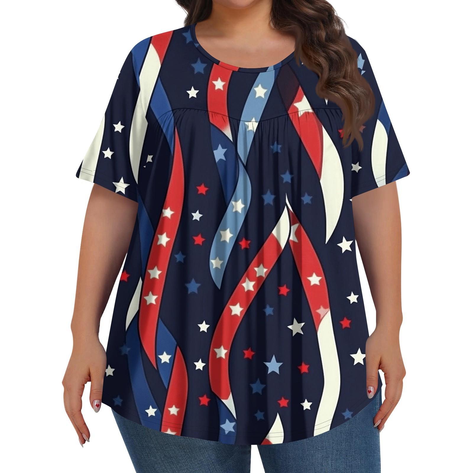 

Женская мода больших размеров, повседневный топ с короткими рукавами и принтом «День независимости», с круглым вырезом и складками спереди XXXXL