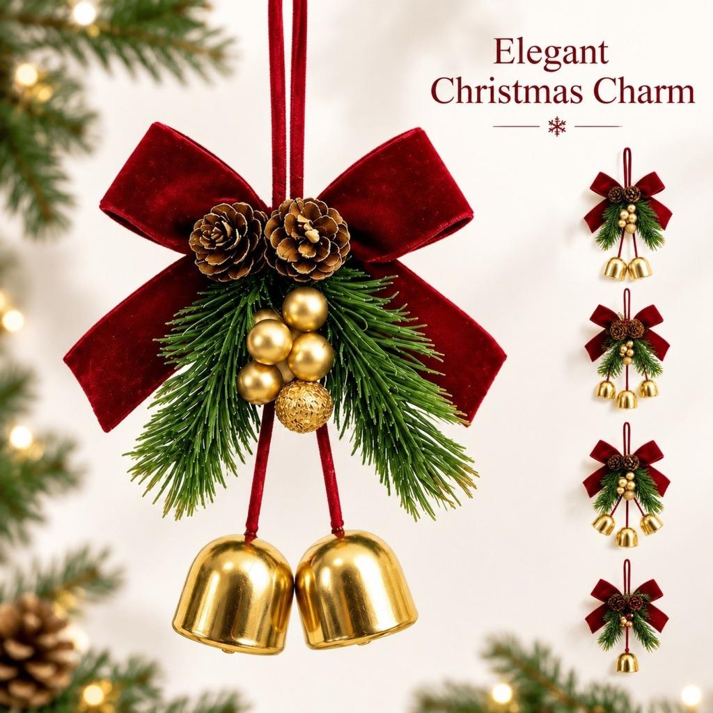 Christmas Hanging Ornaments with Bells, Velvet Bows and Pinecones for Holiday Tree Decoration