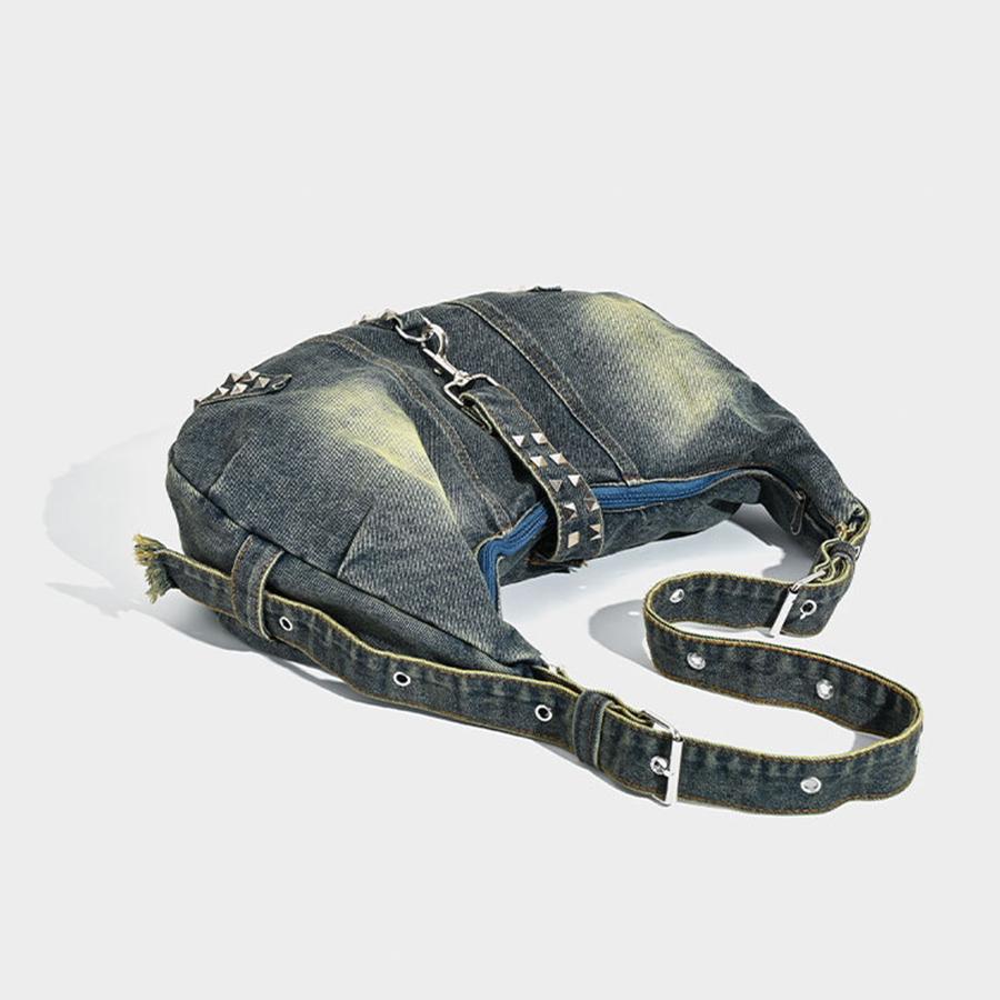Vintage Rivet Women Shoulder Bags Large Capacity Cowboy Ladies Hobos Handbags Washed Denim Crossbody Bag Big Totes Bolsas Blue